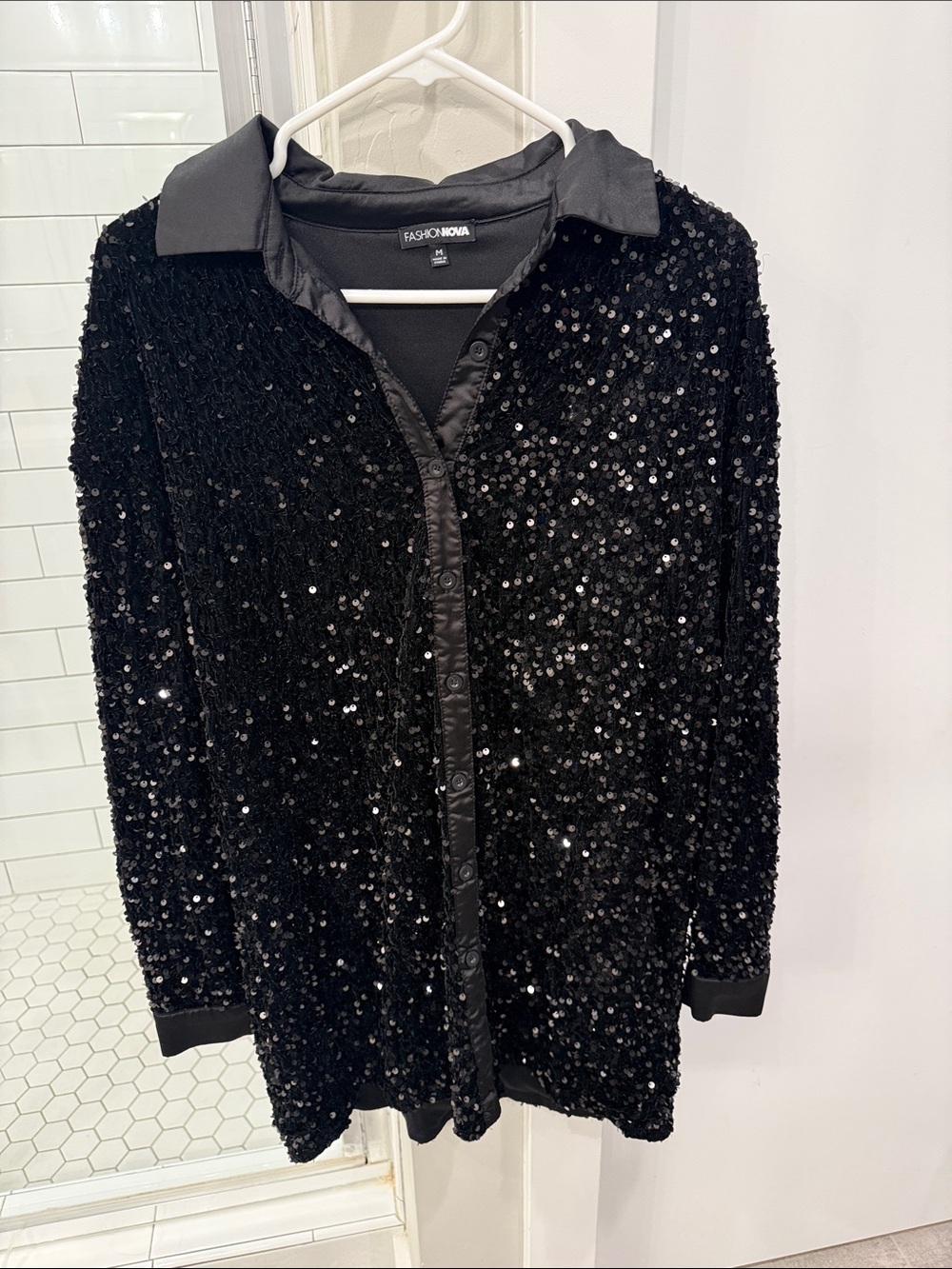 Fashion Nova Black Sequin Button-Down Dress